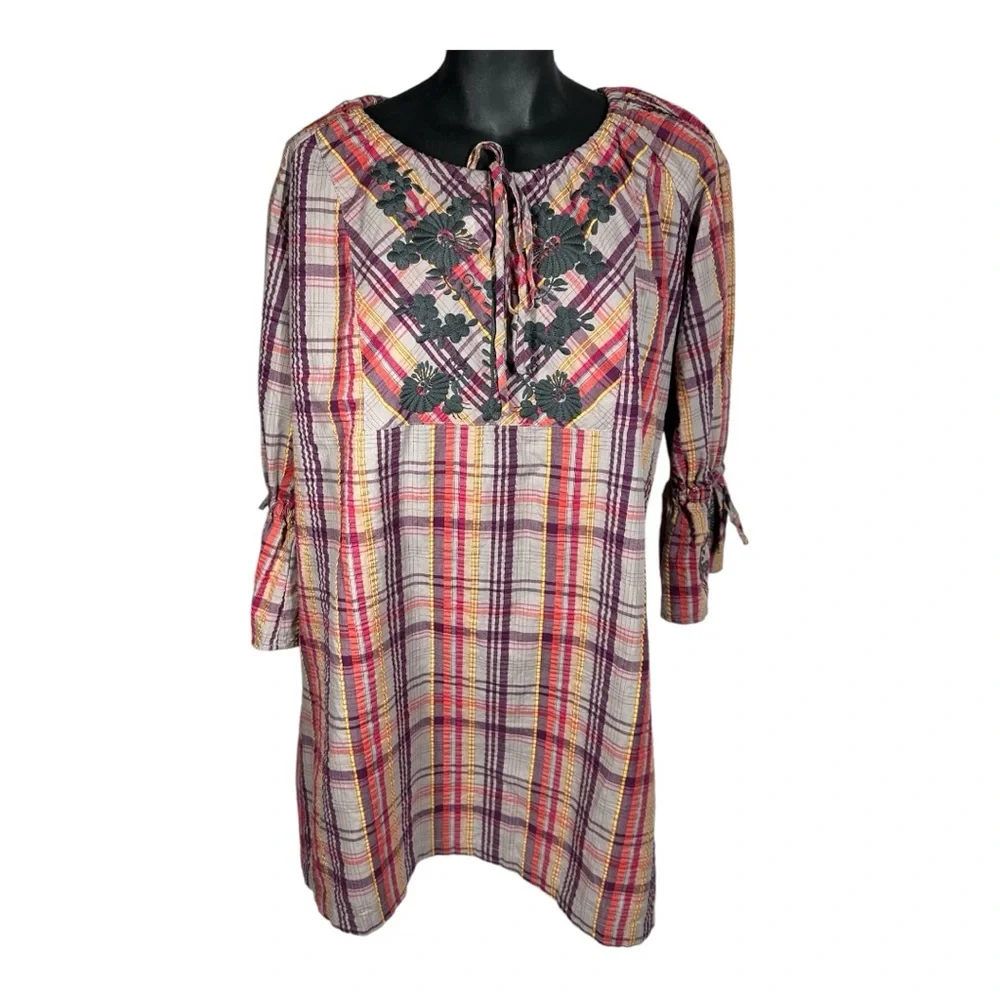 Ivy Jane Plaid Tunic / Dress Size Large 324112 Embroidered 3/4 Bell Sleeves - Picture 1 of 10